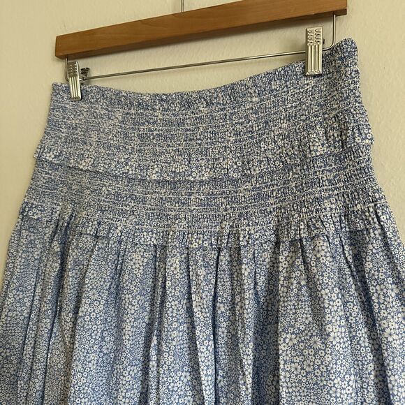 J.Crew Liberty Blue White Floral Smocked Midi Skirt L Cottagecore Boho Coastal - Picture 5 of 14